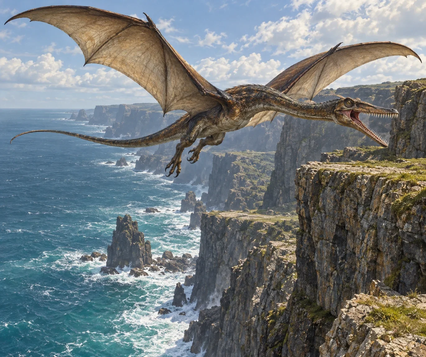 Unofficial AI interpretation of a Thipdar circling a broken sea cliff, following the novel’s batlike wings, sharp teeth and talons. Colour, tail contour and landscape details are imagined; size is conveyed approximately, not as a measured reconstruction.