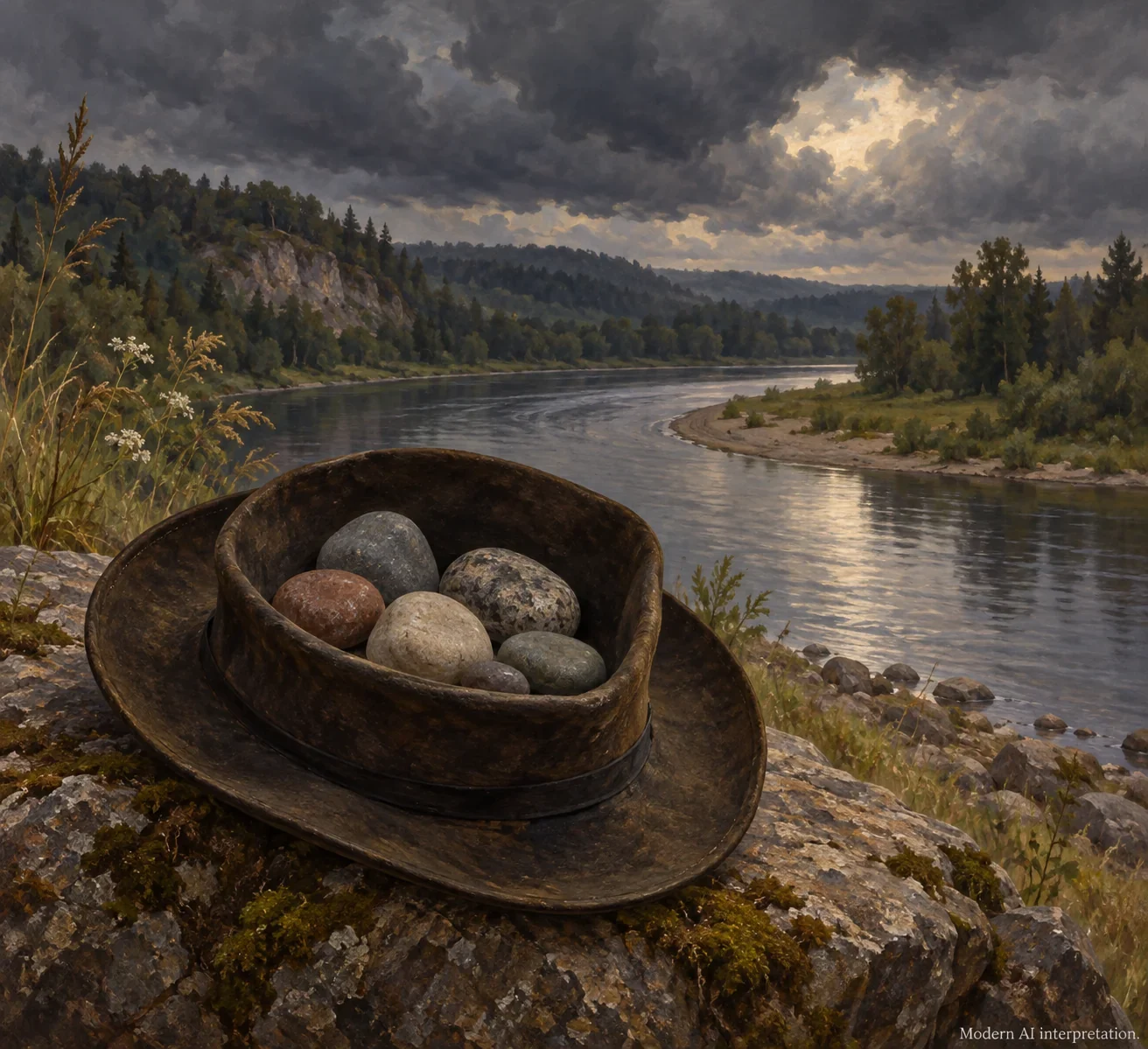 AI interpretation of the stones-and-river motif.
