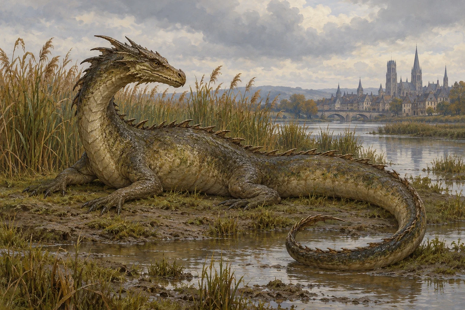 An imagined wingless river-marsh dragon with a long curved tail beside reeds and distant buildings