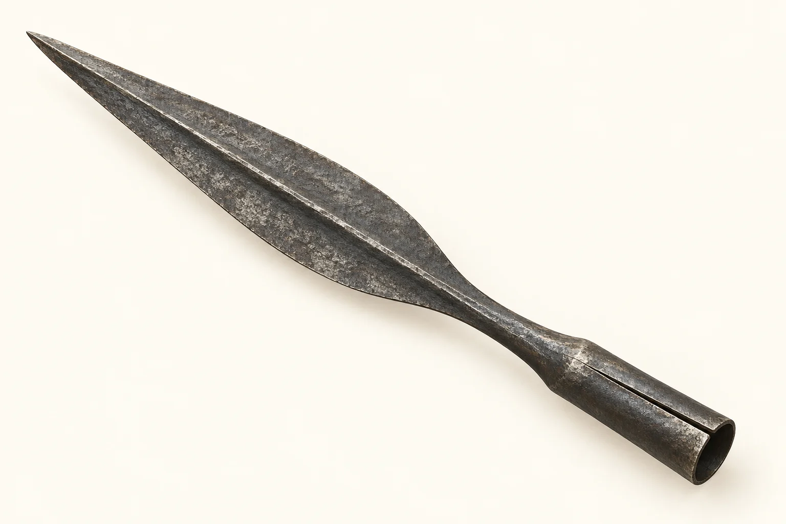 An interpreted iron spearhead with a pointed leaf-shaped blade, raised midrib and split socket.