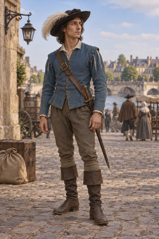 Imagined D’Artagnan in a quiet full-body first-novel portrait.
