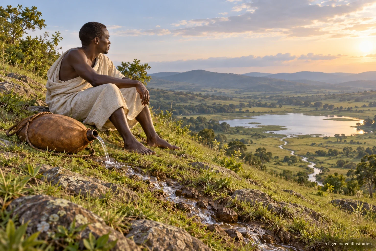 An imagined traveller rests on a hill beside a leaking hide water-skin.