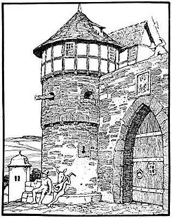 Donkey Prince plays his lute at the castle gate, Otto Ubbelohde,1909