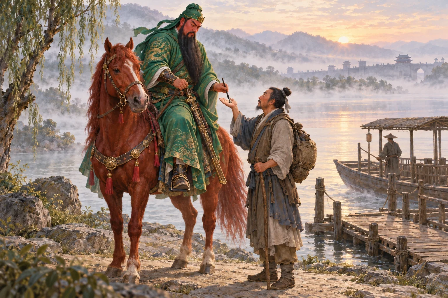 Kwan on a red horse marks a traveller’s open palm beside a misty river.