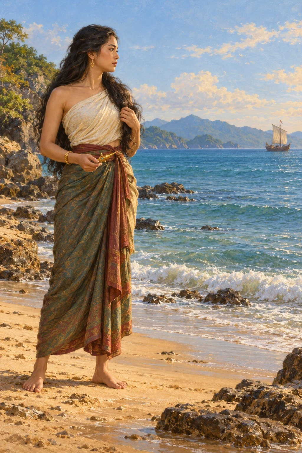 An adult woman with loose long hair holds a gold hair ornament beside the sea.
