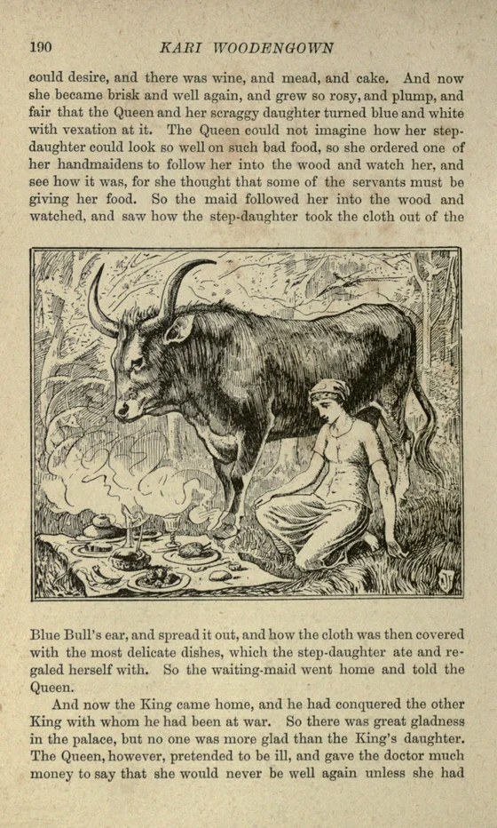 The bull and Kari beside the feast supplied by his ear cloth, H. J. Ford, 1890
