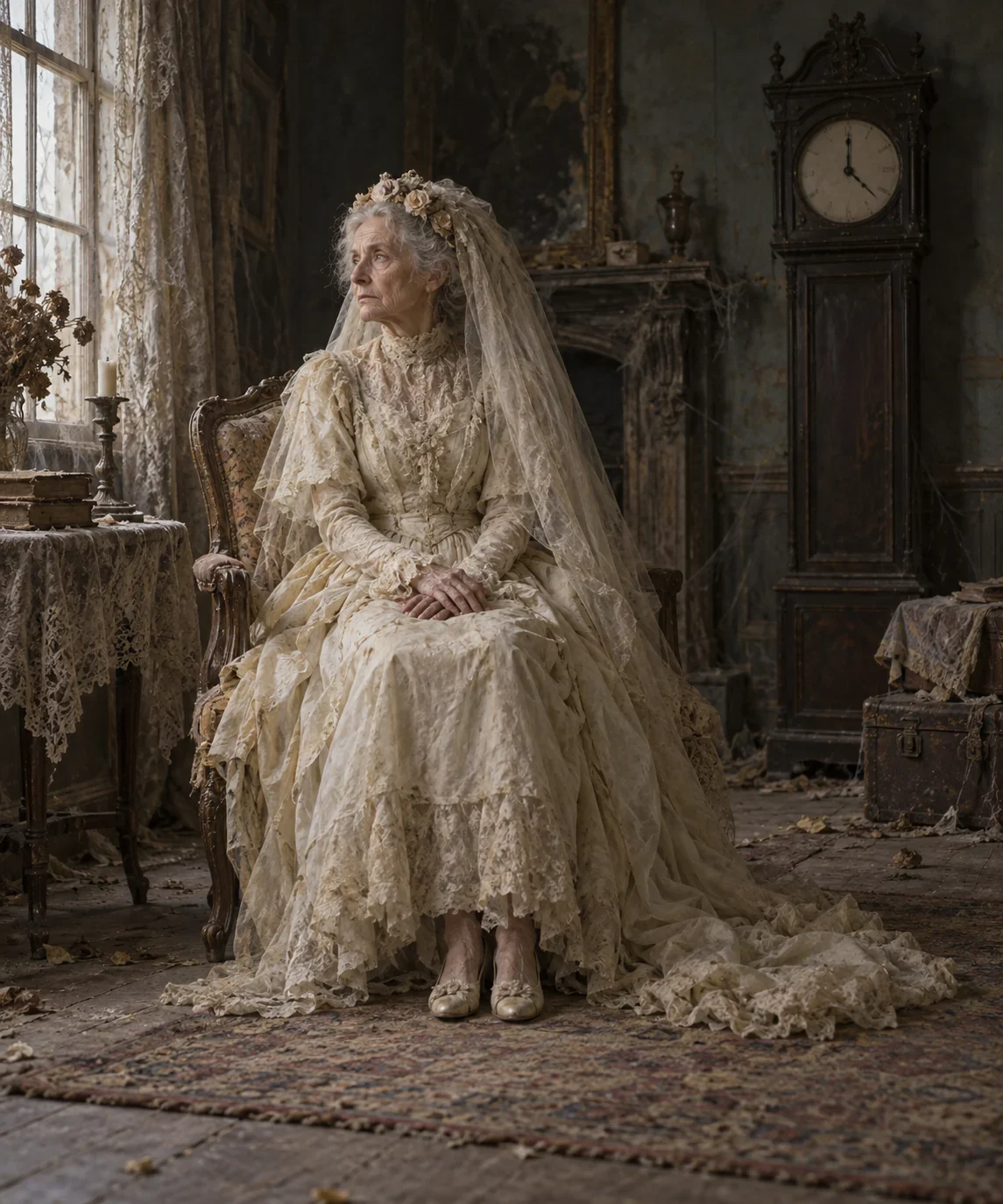 Imagined Miss Havisham in a quiet original-novel portrait.