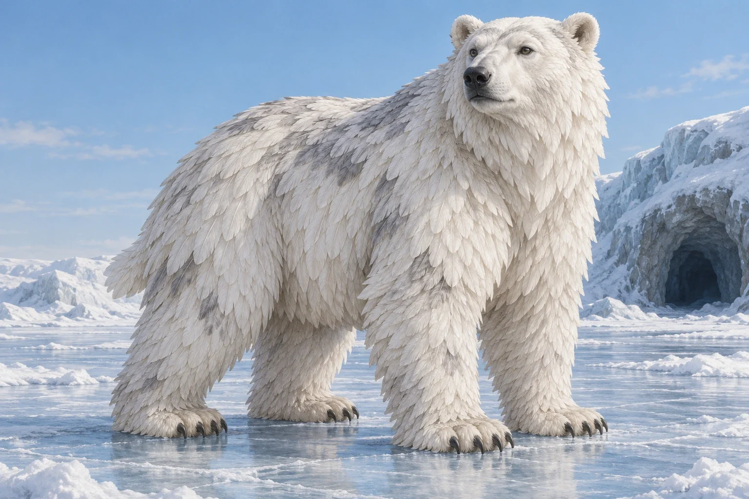 A large bear-shaped animal covered in white feathers with grey mottling stands on ice
