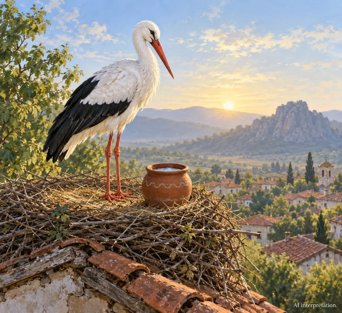 AI interpretation of Siljan’s stork return. Bird, house and water vessel imagined; no historical portrait.