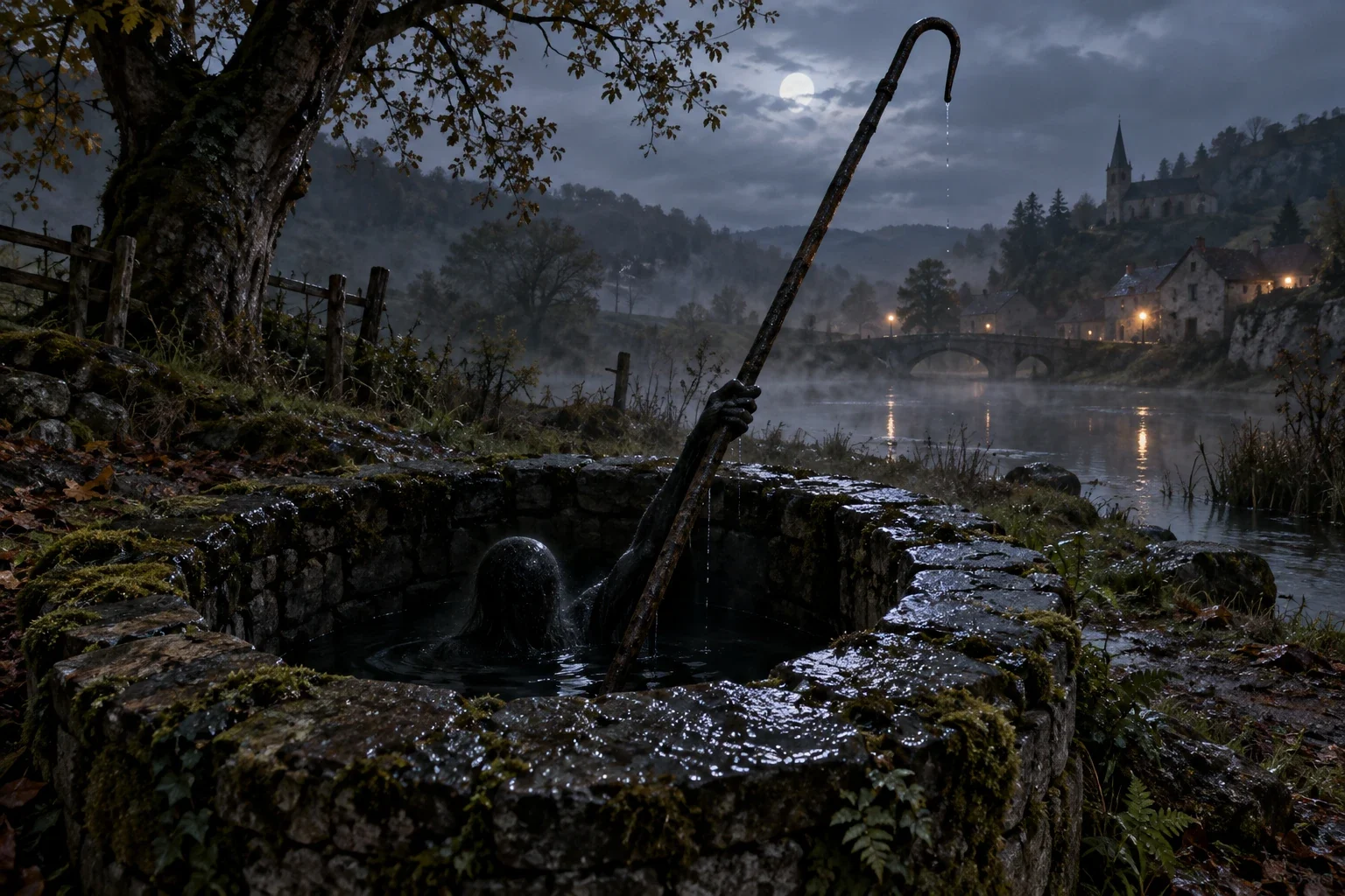 AI imagined Kropemann well-and-hook motif. The shadowy being’s form, well and surroundings are invented; no fixed spirit anatomy, film likeness or ethnographic reconstruction claimed.