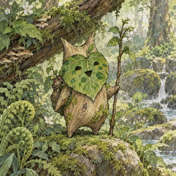 A small wooden Korok wears a leaf mask in a forest.