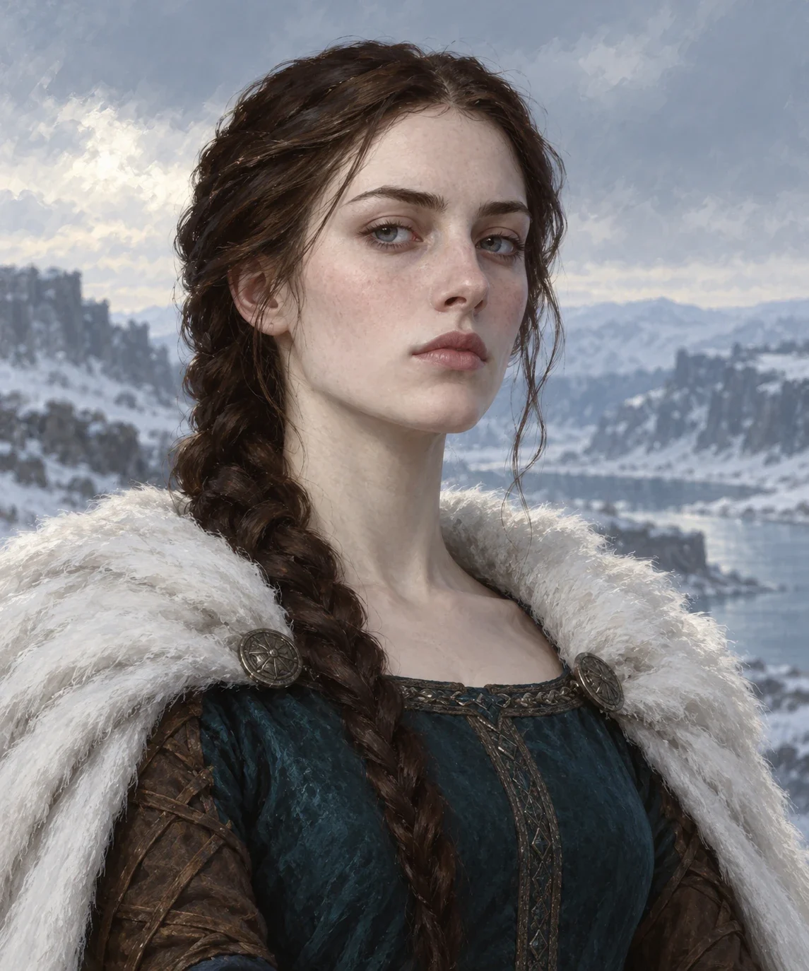 Alys Karstark, card-art interpretation: youthful pale long face, dark brown braid, dark blue-green dress, brown sleeves, white cloak at shoulders.