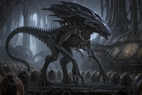 Crested alien queen stands among eggs in a dark chamber.