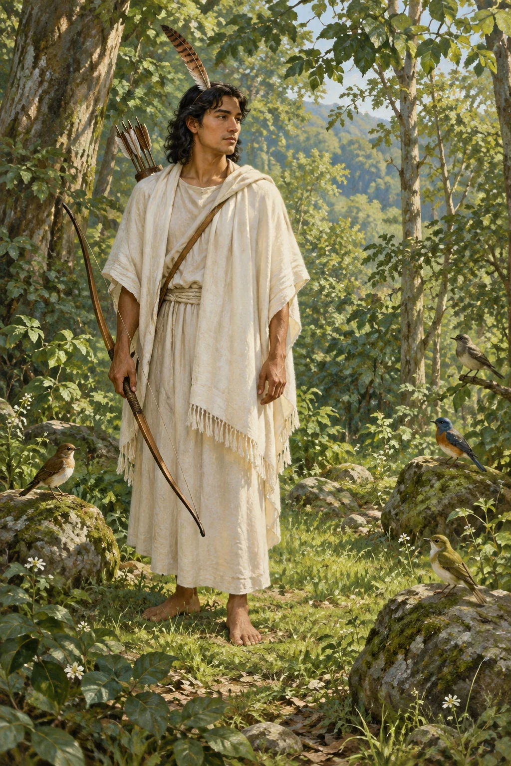 A young man in an opaque white mantle stands barefoot in a woodland glade with a bow, arrows and listening birds.