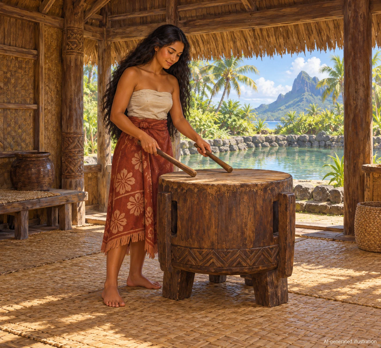 An imagined Ina tests the wooden drum in Tinirau’s empty dwelling.