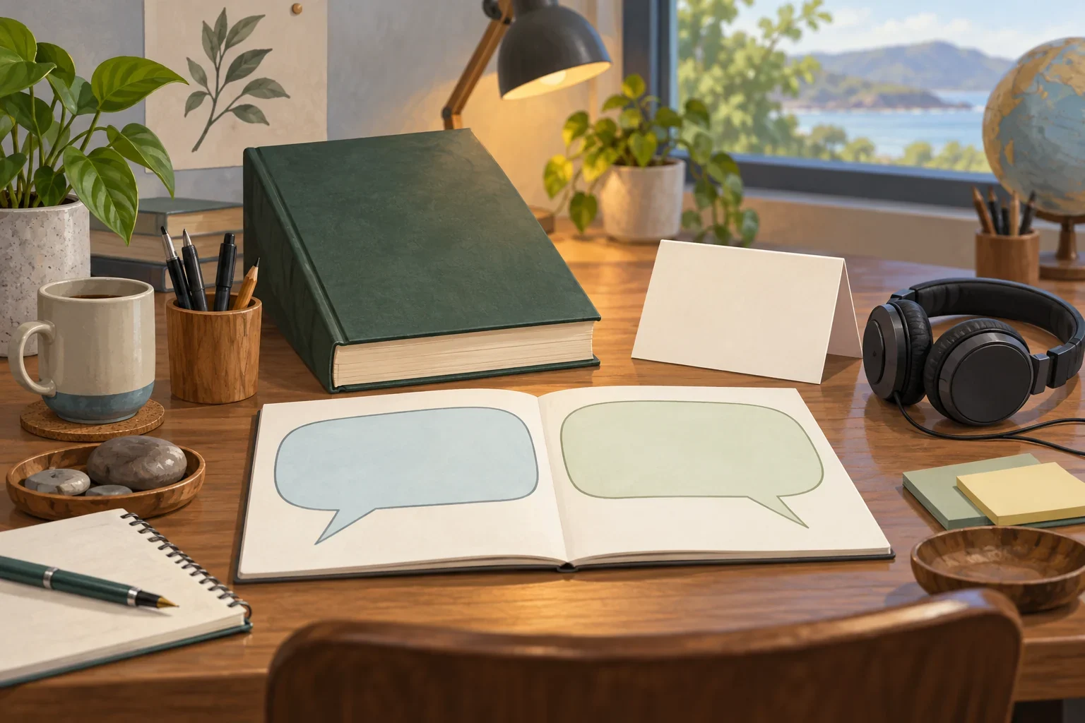 Imagined Vamale research-context desk with blank dialogue panels