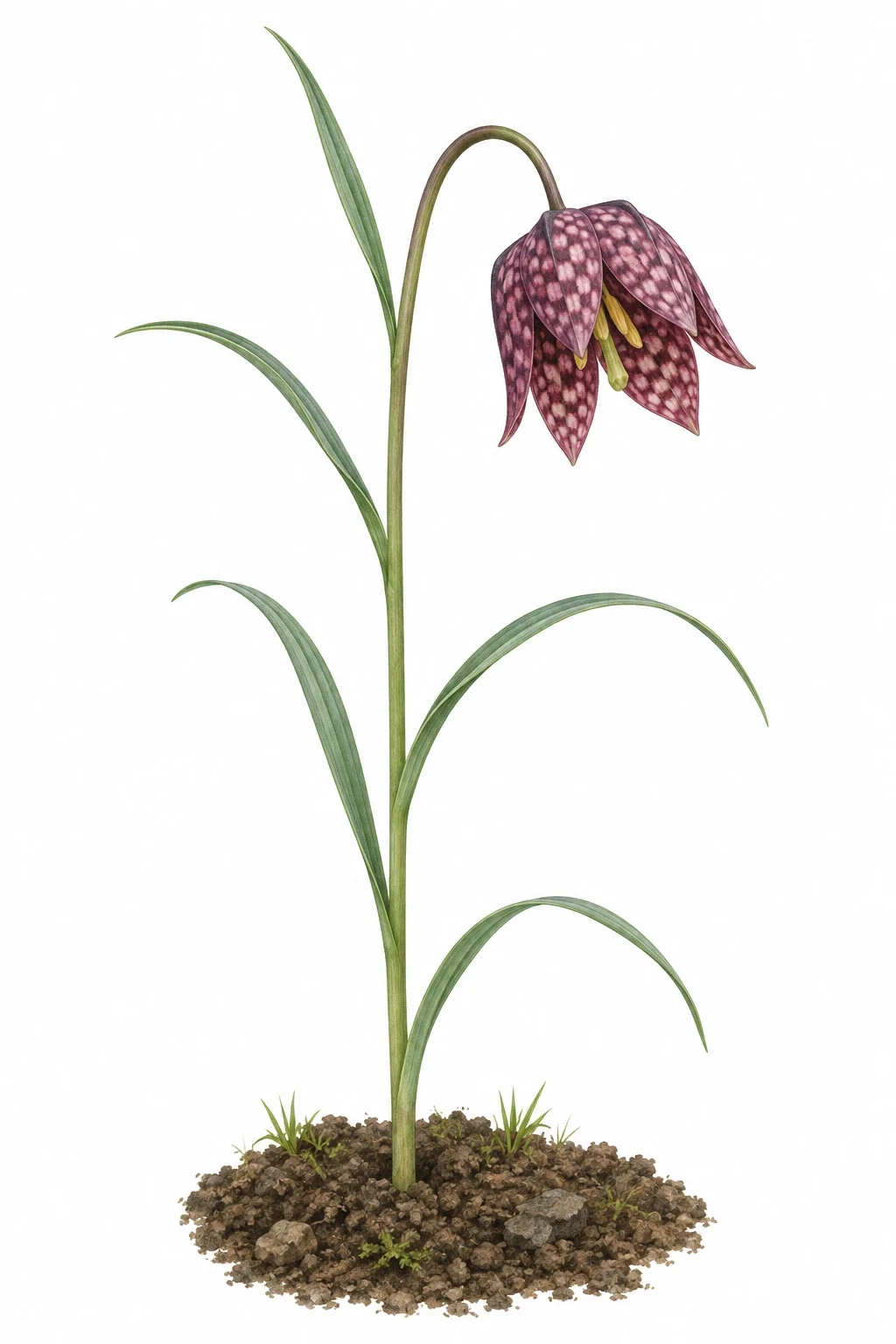 Modern AI interpretation of purple chequered fritillary plant.