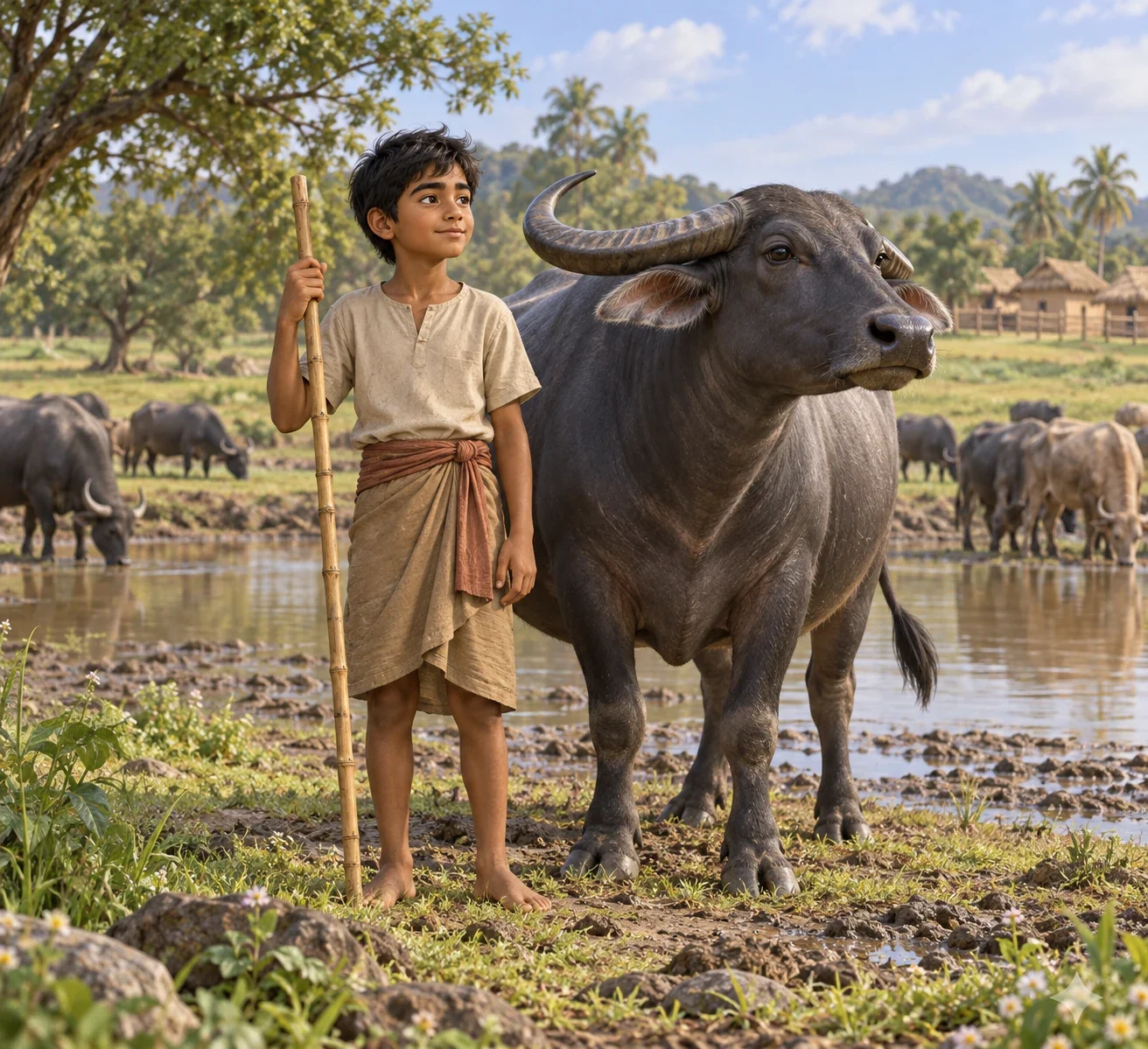 Imagined Mowgli pauses beside Rama during village buffalo-herding.