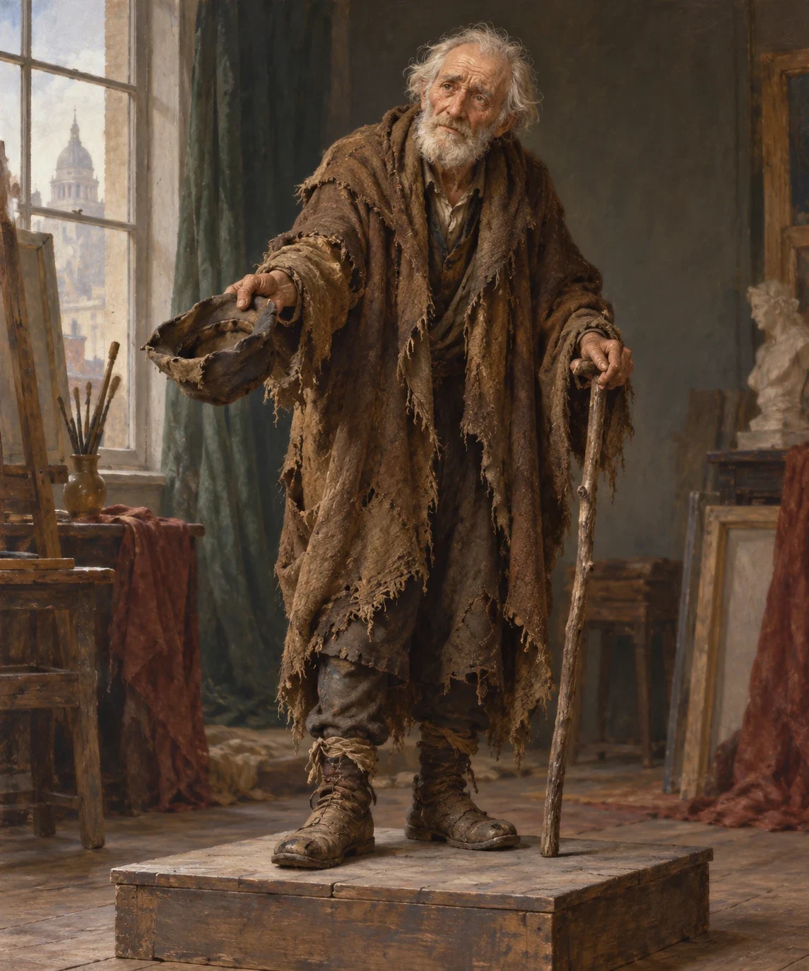 Original AI interpretation of Baron Hausberg posing in borrowed beggar costume with a rough stick and battered hat.