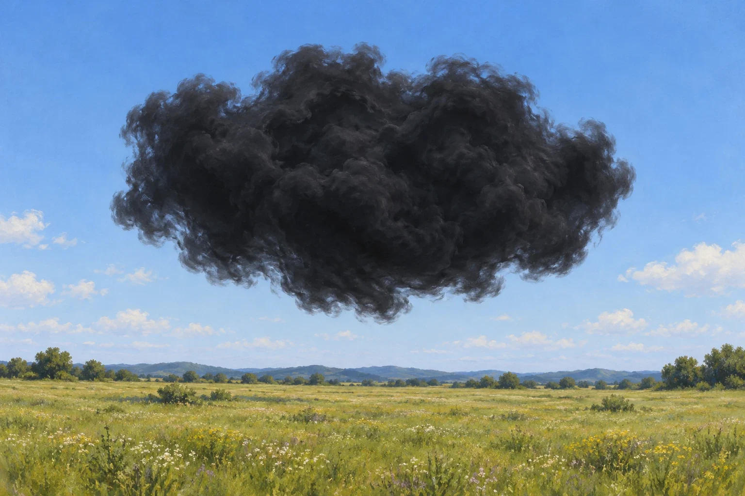 A dark cloudlike presence hangs above an empty sunlit meadow.