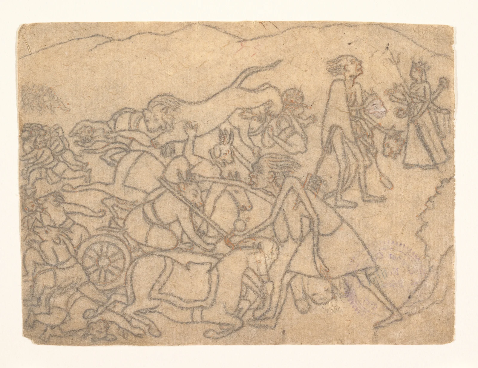 Pale graphite-and-ink battle drawing: Kali fights among fallen warriors and a lion, then at upper right presents the severed heads of Chanda and Munda to many-armed Durga.