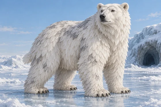 A large bear-shaped animal covered in white feathers with grey mottling stands on ice