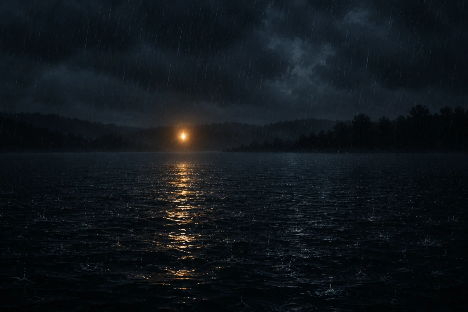AI-generated small warm light above a rainy dark lake, representing the opening Uti account