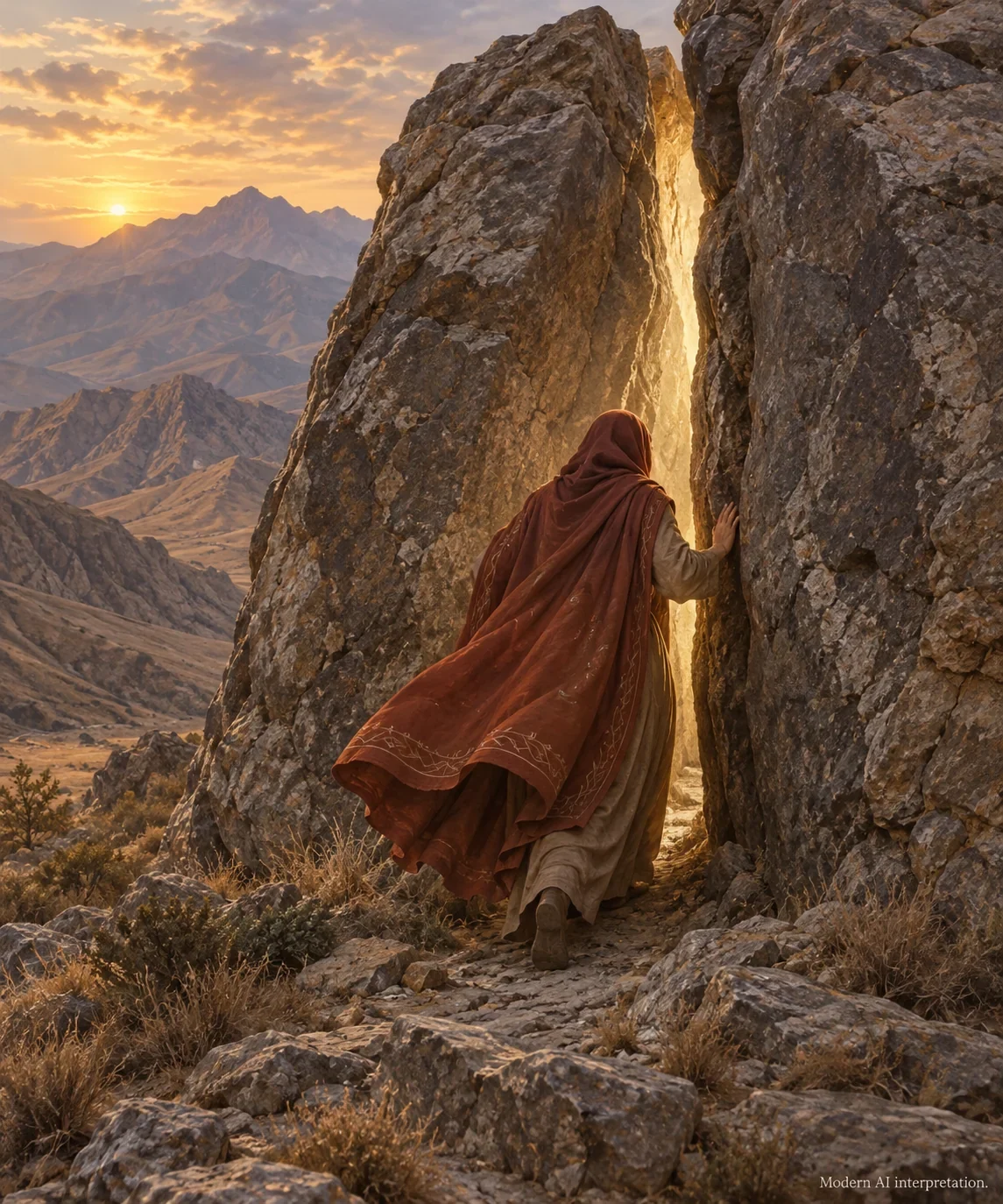 An imagined woman enters a parting mountain rock in Parau-Bibi’s refuge legend.