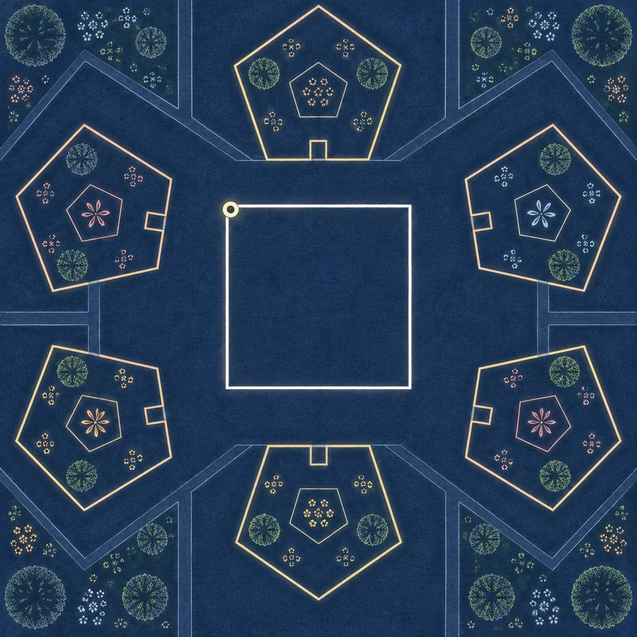 Modern AI explanatory interpretation of A Square as a flat four-sided outline with a corner eye, seen overhead within pentagonal house outlines. Colours and outside viewpoint are imagined; native Flatlanders see edges.
