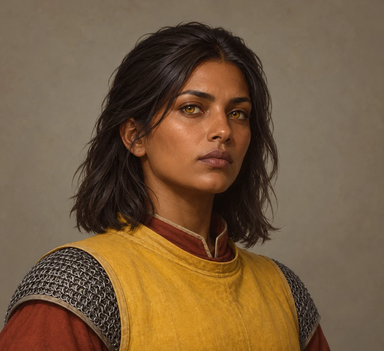 Constable Visit, explicitly a fan interpretation: brown skin, straight dark shoulder-length hair, gold eyes, yellow sleeveless outer garment over rust-red sleeves and grey mail shoulders.