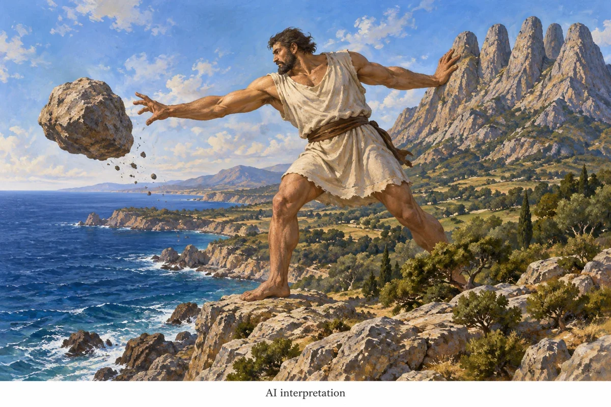 AI interpretation of Digenis throwing the coastal rock. Body and landscape imagined; no postal artwork copied.