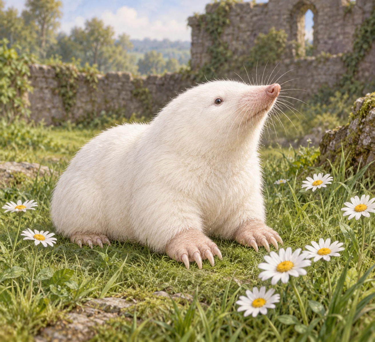 A small white mole sits among daisies on green turf near a ruined wall.