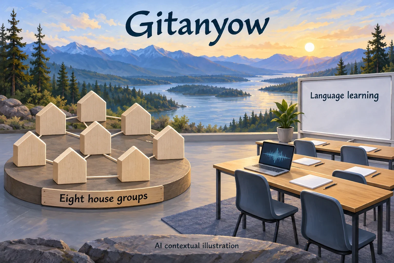 AI concept linking Gitanyow house-group governance with community learning.