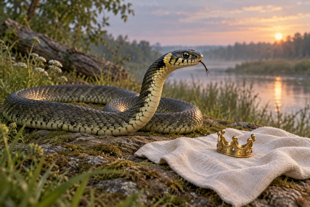 AI interpretation of the grass-snake crown motif. Setting imagined.