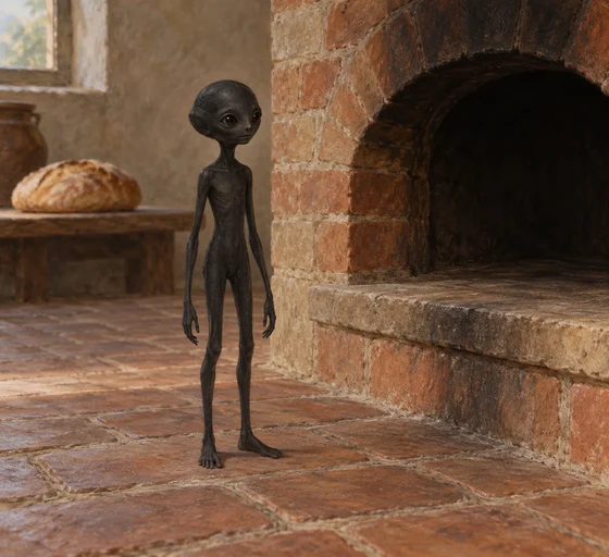 AI interpretation of De Morgan’s tiny dark oven imp beside an unlit bread oven.