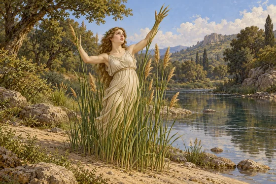 Syrinx appeals beside the Ladon as her body changes into marsh reeds.