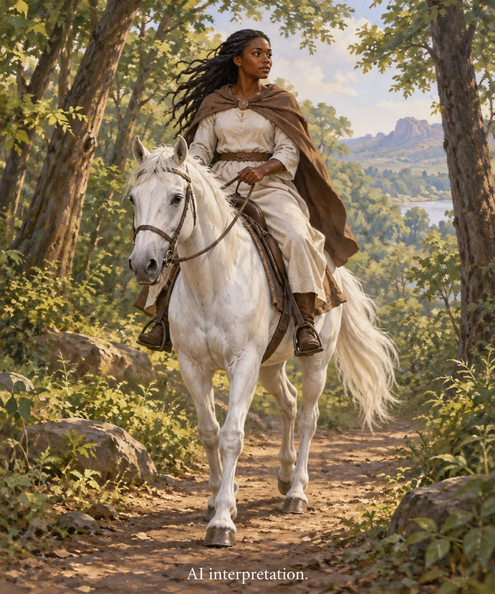 AI interpretation of Yennenga’s horse-borne journey. Rider, clothing and horse imagined; no trophy copied.