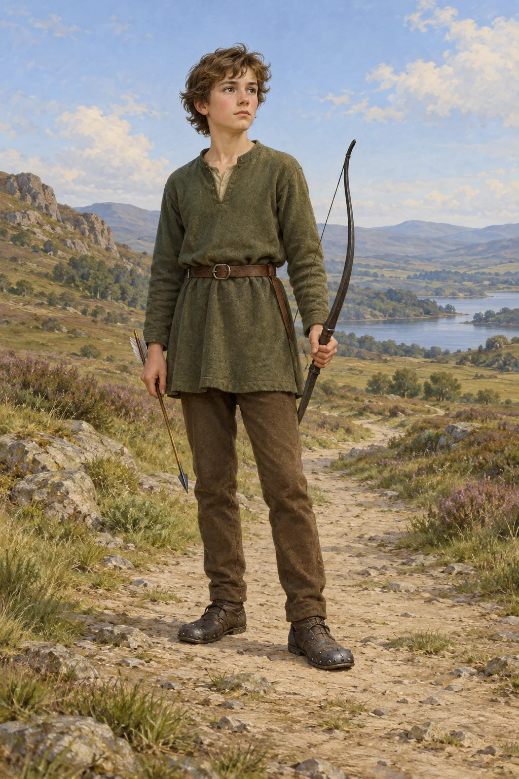 Complete youthful figure with a bow and iron-shoe interpretation on a path.