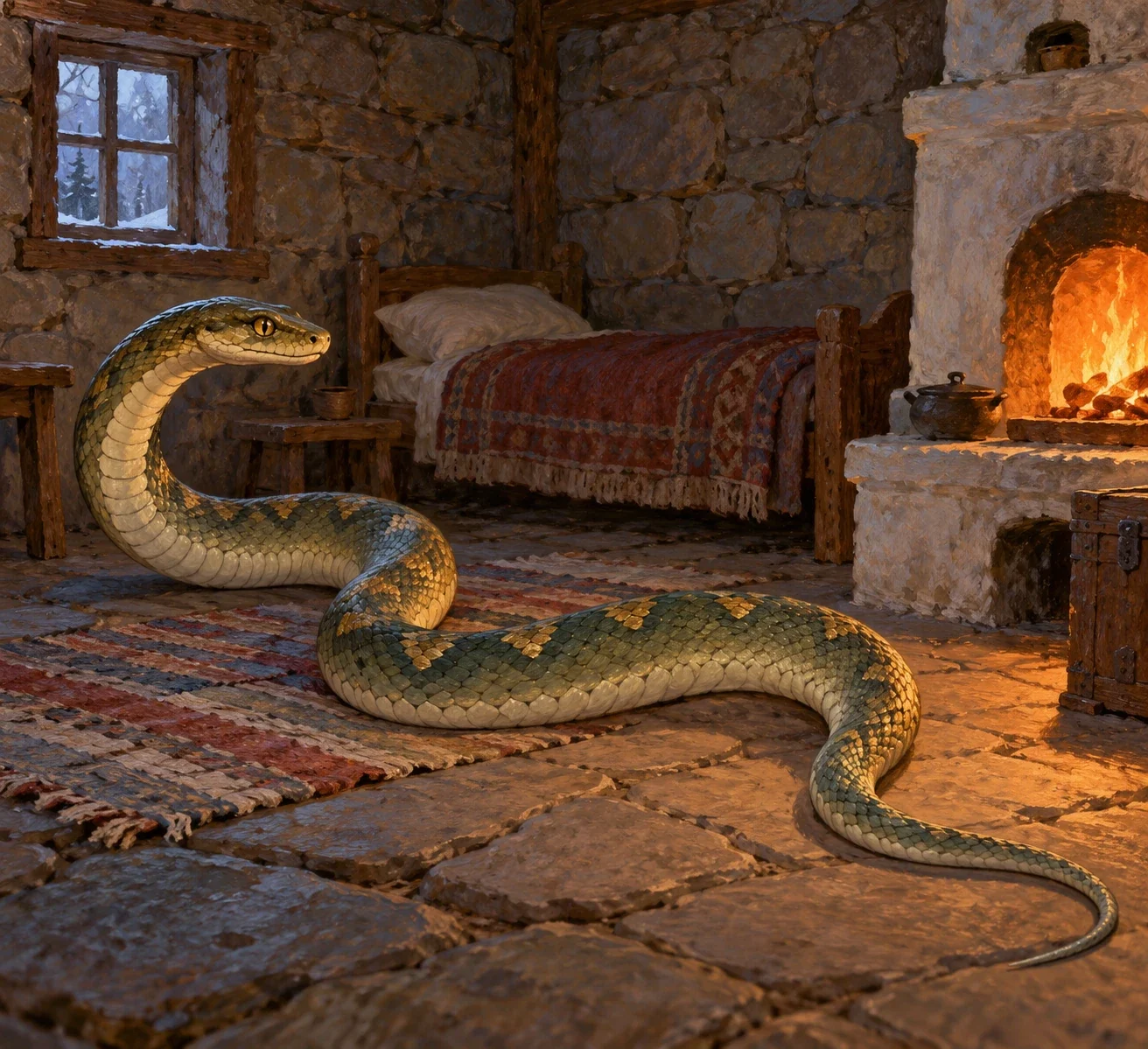 AI-generated serpent prince alone beside a bed and warming stove