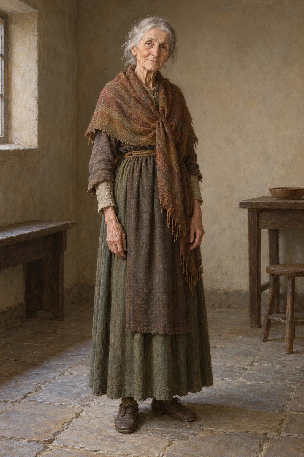 Complete older woman in a plain chamber, with both hands and shoes visible.