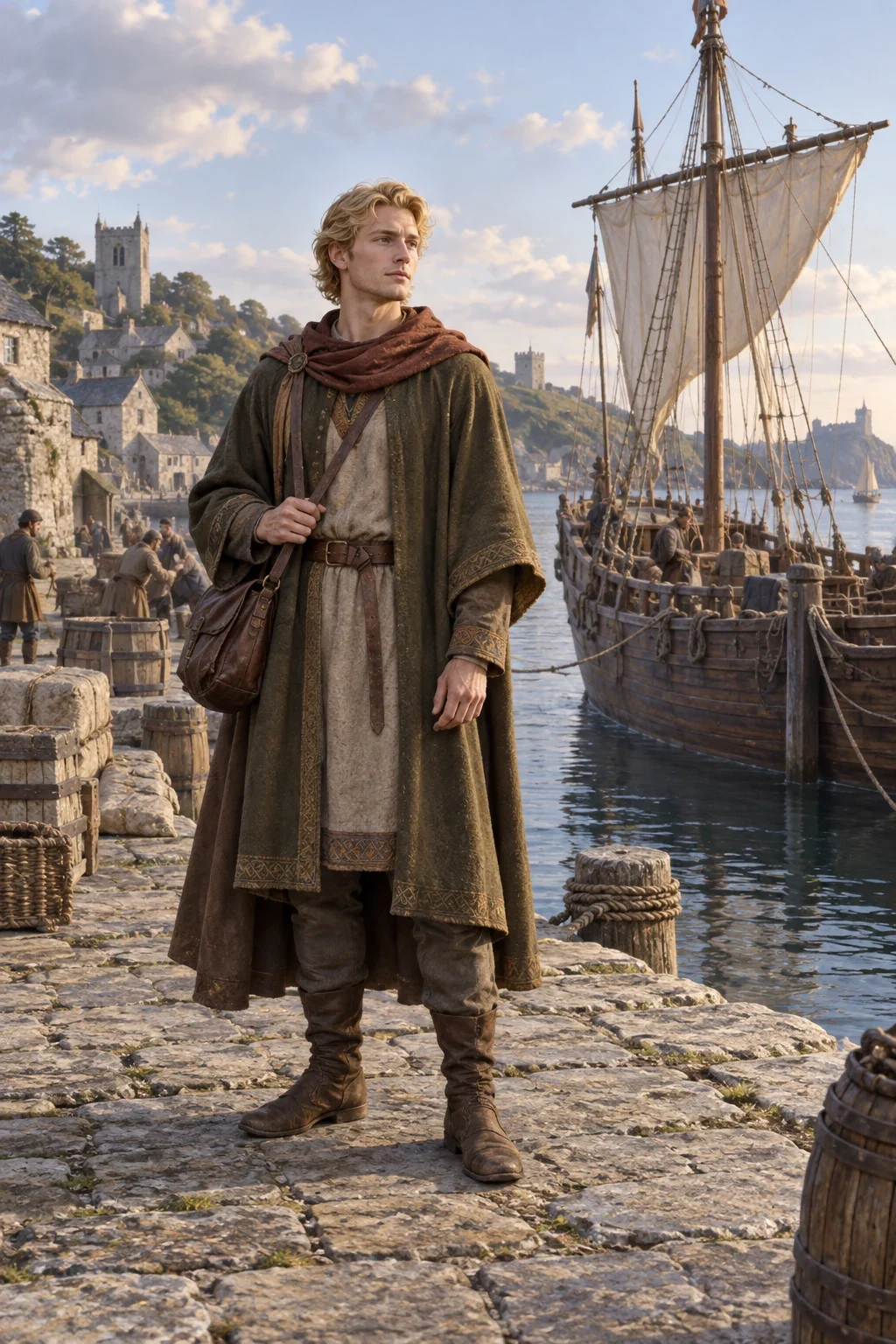 Modern AI interpretation of Golden Walter before his voyage; clothing, face and harbour composition are imagined.