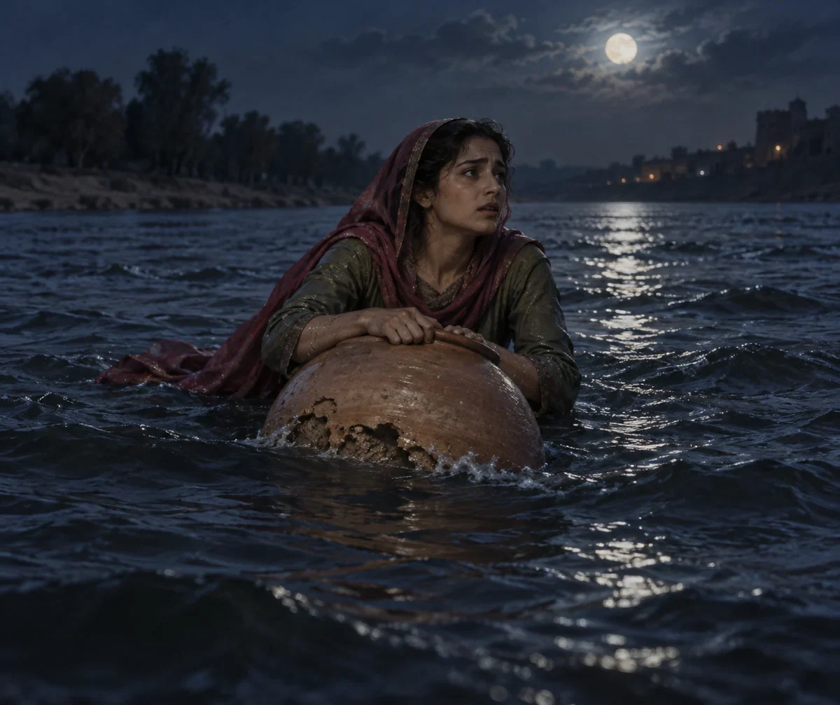 AI interpretation of Sohni’s pitcher crossing. Figure and river imagined.