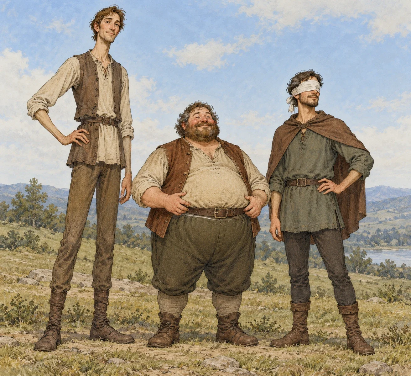 Three complete travellers stand together: a greatly elongated man, a short wide man with a round paunch, and a man with a cloth covering his eyes.