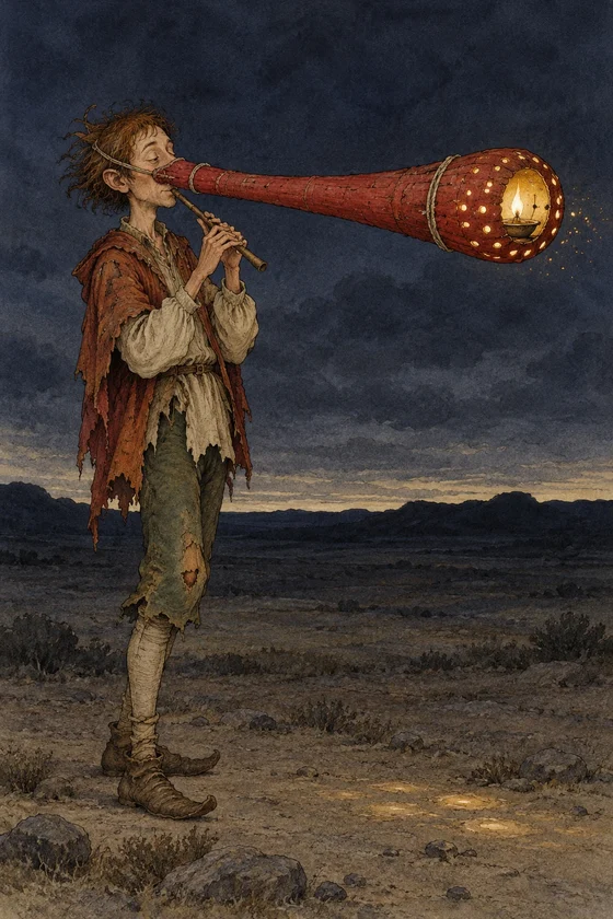 AI-generated illustration: Lear’s Dong playing a pipe with an elongated red bark nose tied on by cords and a lamp in its rounded end.