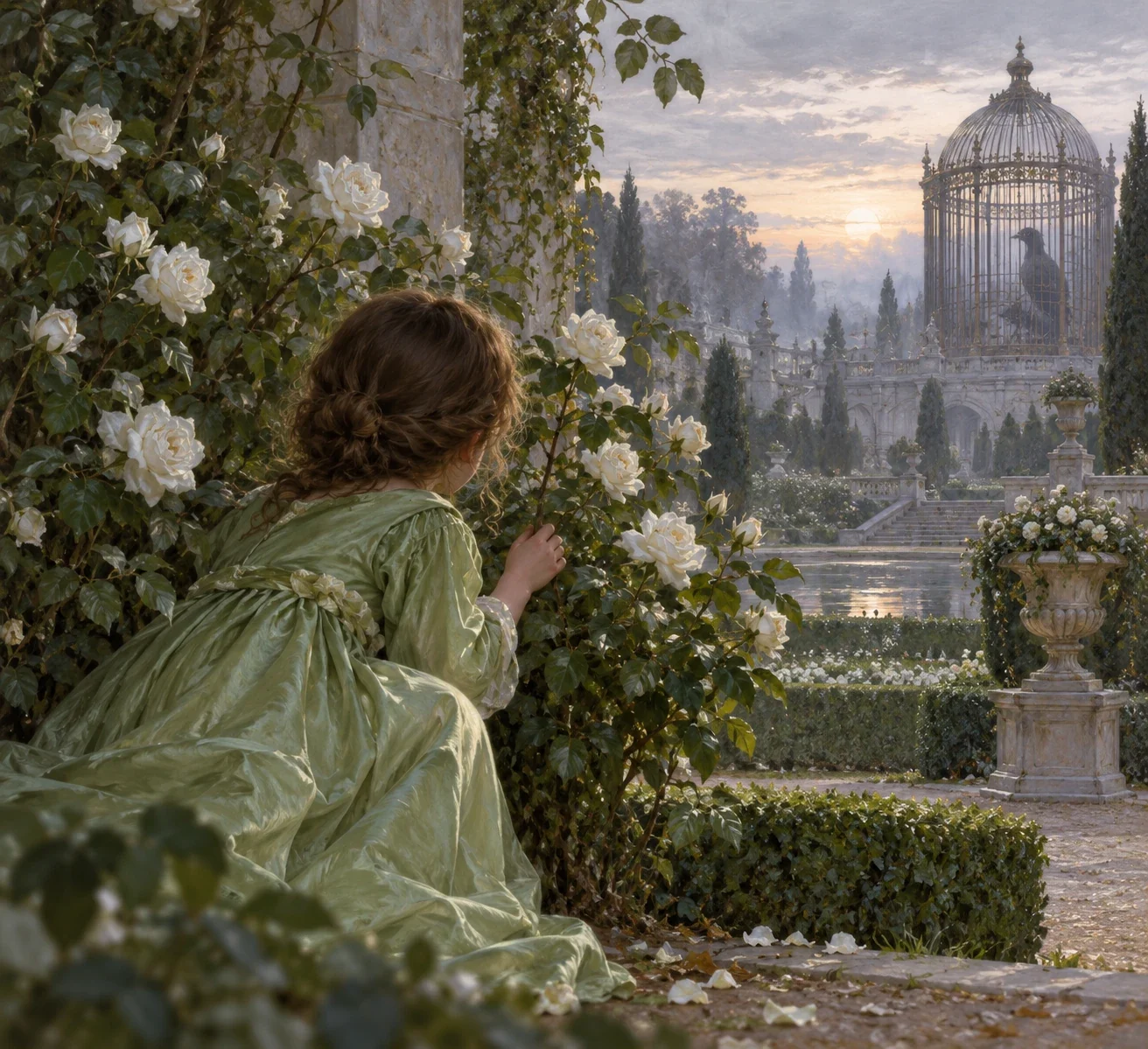 Original AI interpretation of Matilda in a green silk gown watching quietly from behind white roses.