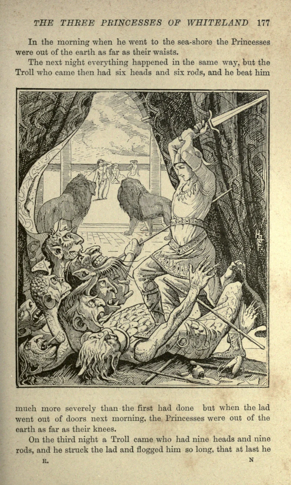 Many-headed Whiteland troll confronted by the rescuer, H. J. Ford, 1890