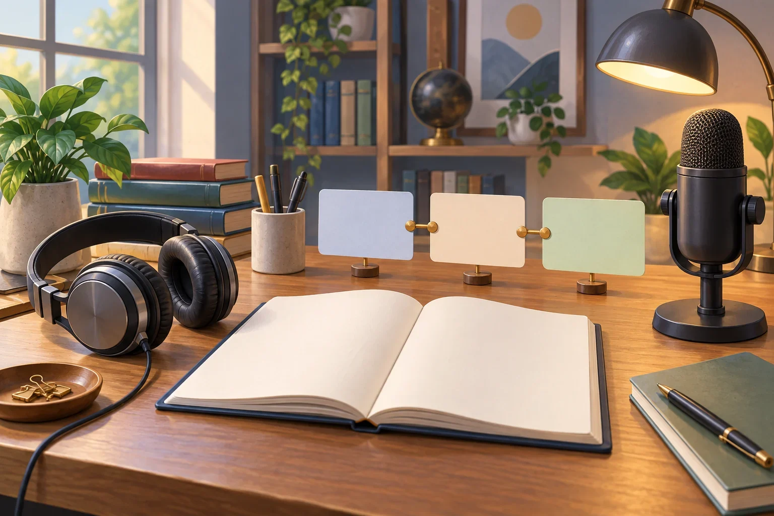 Imagined audio dictionary tools and abstract grammar comparison cards.