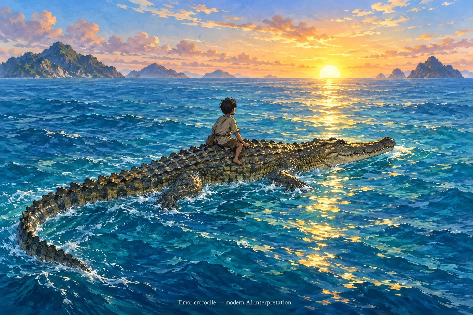 AI imagined boy riding a crocodile across the ocean.