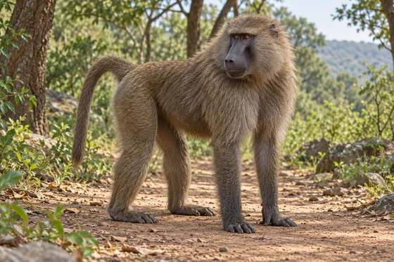 A tall brown-gray baboon with thick neck hair stands on a wooded path.