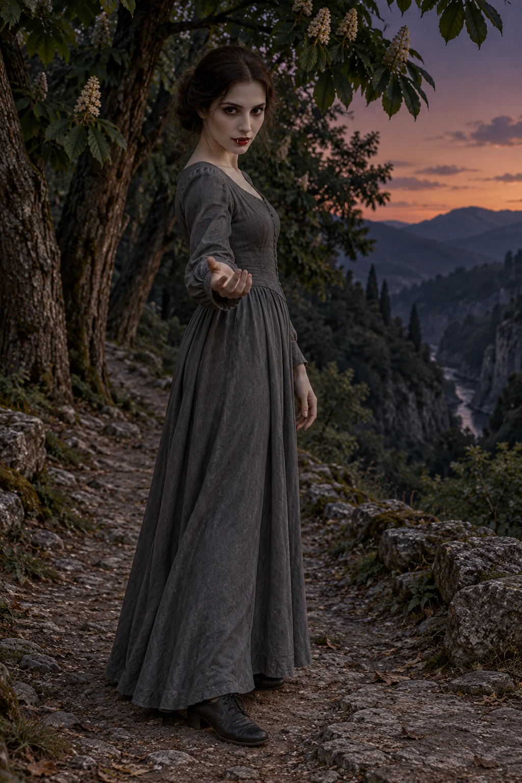 A complete pale, lean woman with black eyes and red lips beckons on a twilight path beneath chestnut trees.